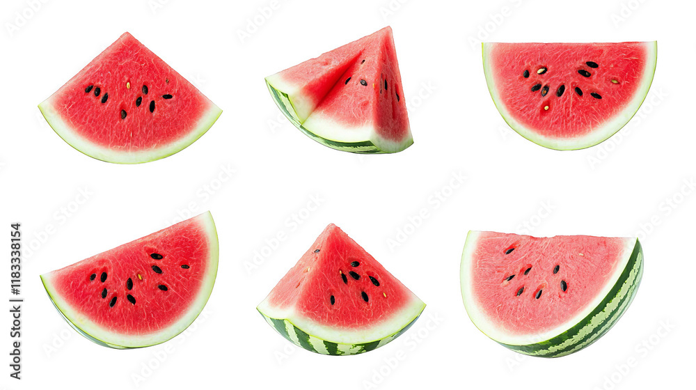 Fresh watermelon slices arranged artistically on white isolated background. Fresh watermelon slices arranged artistically on white isolated background.