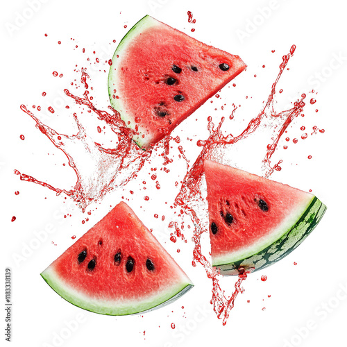 Fresh watermelon slices splashing juice, vibrant and appetizing, on a white isolated background.