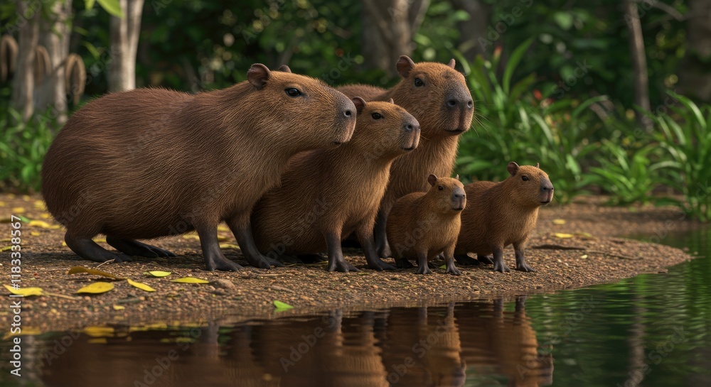 a family of capybaras near a serene Amazonian riverbank. Show the soft, brown fur and curious expressions of the animals. a family of capybaras near a serene Amazonian riverbank. Show the soft, brown fur and curious expressions of the animals.