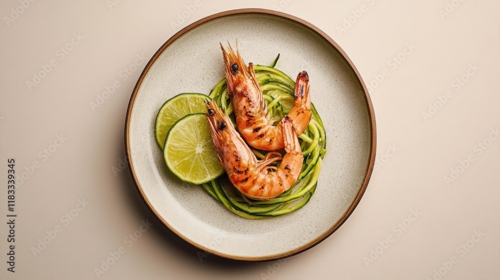 Grilled tiger shrimps served with zucchini pasta or spaghetti, greens and lime, peeled fried prawn, premium seafood, keto menu, minimalistic aesthetic, commercial banner with copy space, AI gen image Grilled tiger shrimps served with zucchini pasta or spaghetti, greens and lime, peeled fried prawn, premium seafood, keto menu, minimalistic aesthetic, commercial banner with copy space, AI gen image