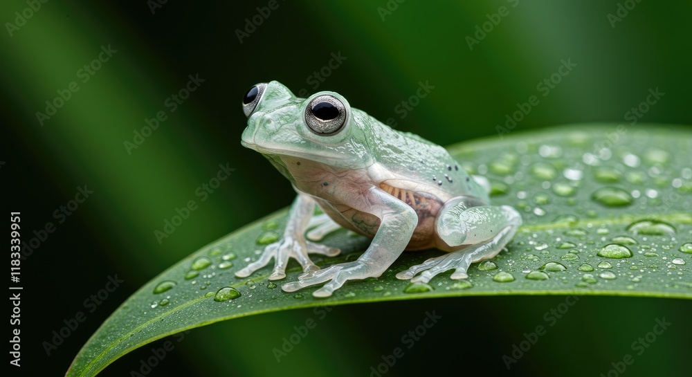 Obraz premium Glass frog perched on a leaf with its translucent skin clearly visible. Highlight its internal organs and tiny bones, surrounded by dew-covered foliage.