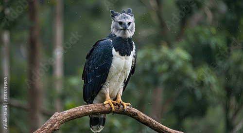A harpy eagle perched on a high branch, surveying its surroundings. Show its striking black-and-white plumage, large talons, and piercing eyes.