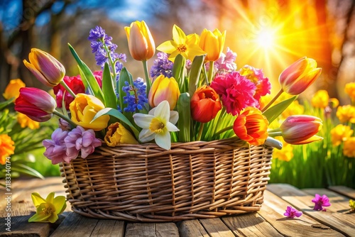 Panoramic Spring Flowers in Woven Basket - Vibrant Floral Arrangement