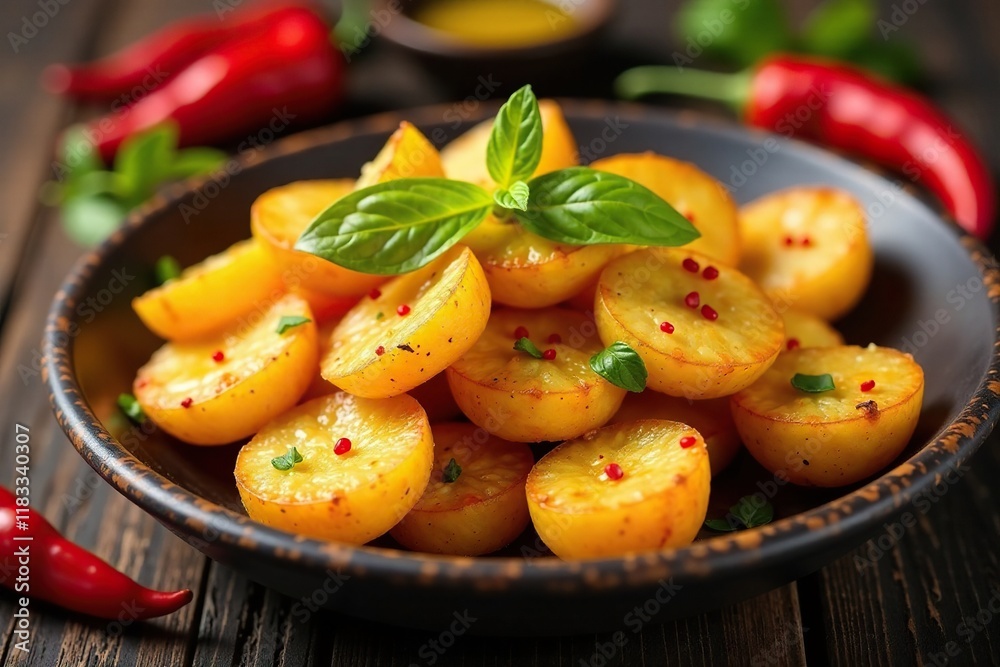 Spicy Spanish tapas dish with crispy potatoes, red pepper flakes, olive oil Spicy Spanish tapas dish with crispy potatoes, red pepper flakes, olive oil