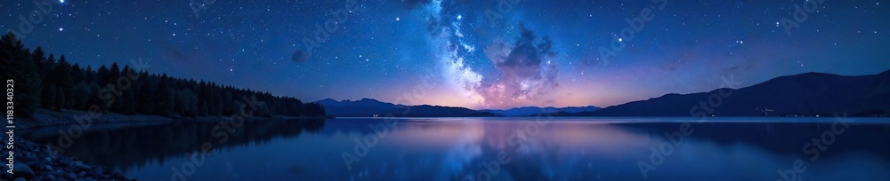 Fototapeta premium Starry night with a serene lake in the distance, lake, stars, space