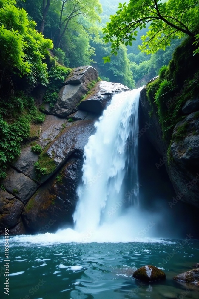Fototapeta premium The sound of rushing water fills the air as a waterfall cascades down a rocky slope in Hong Kong, sound, serene, scenery