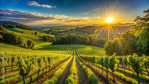 Wallpaper Mural Panoramic Sunny Vineyard Landscape: Lush Green Trees & Rolling Hills Torontodigital.ca