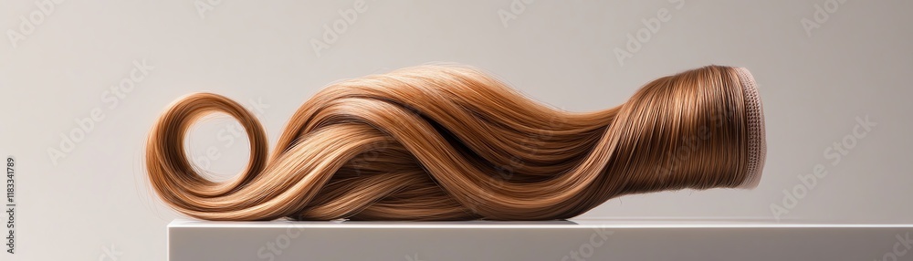 Fototapeta premium Curly human hair extensions, deep chestnut tones, coiled artistically on a reflective platform