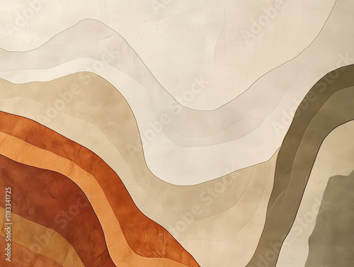 A minimalist abstract artwork featuring organic, flowing lines resembling topographical maps, in earthy tones like beige, olive, and rust. A soft, textured background enhances the natural aesthetic