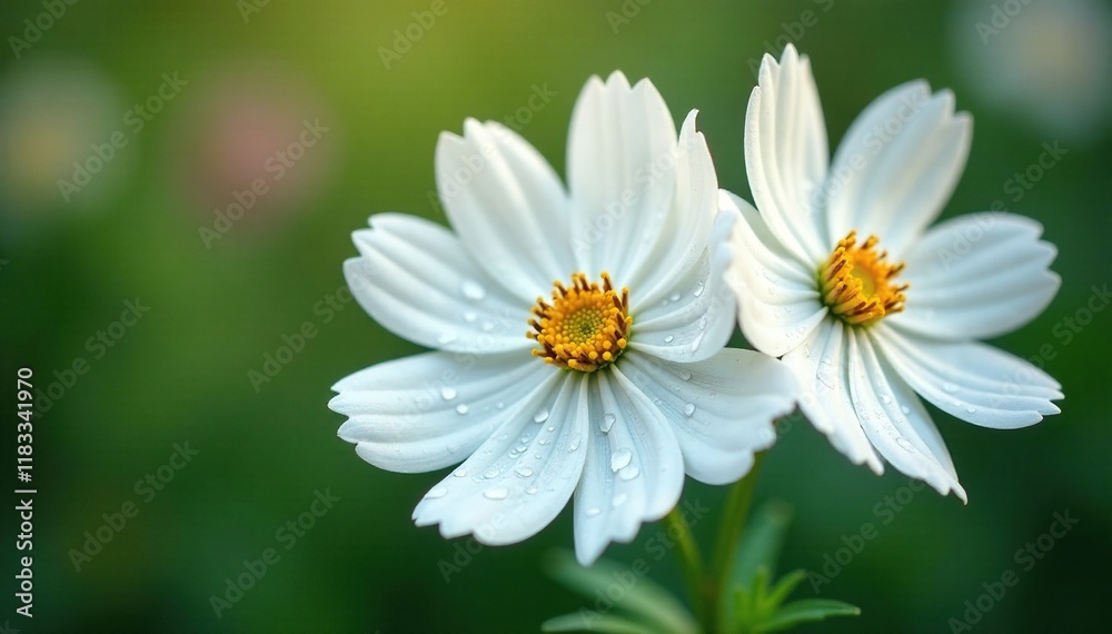 white cosmos flowers with dew drops on petals, botanical, flowers white cosmos flowers with dew drops on petals, botanical, flowers