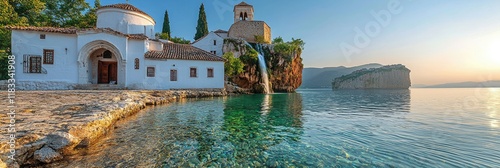 Lakeside Church and Waterfall Scenic Beauty
