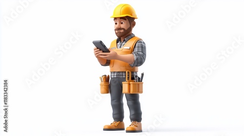Fototapeta Naklejka Na Ścianę i Meble -  3D cartoon construction worker using smartphone.