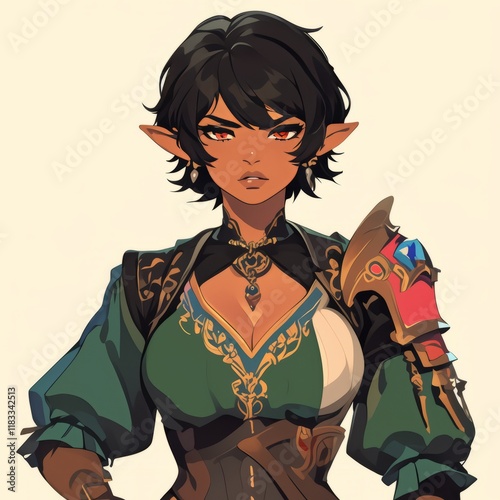 Short-Haired Elf Girl in Traditional Attire Generative AI photo