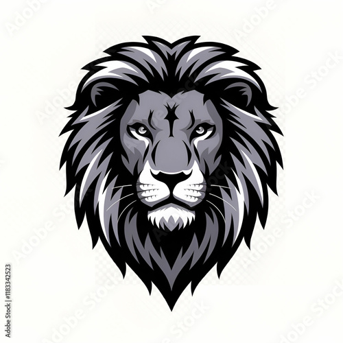 Lion's head artwork with flowing mane, monochromatic tones on transparent background