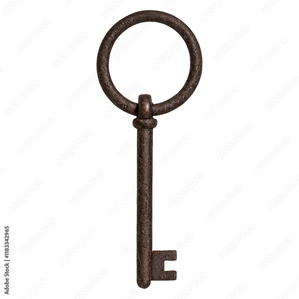 A traditional old-fashioned lock's key, made of iron with a vintage, slightly rusted finish. The key has a simple, yet elegant design, with a large, circular bow A traditional old-fashioned lock's key, made of iron with a vintage, slightly rusted finish. The key has a simple, yet elegant design, with a large, circular bow