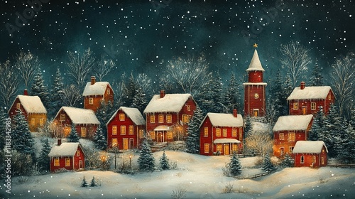 A Snowy Village Christmas Night Scene With Church photo