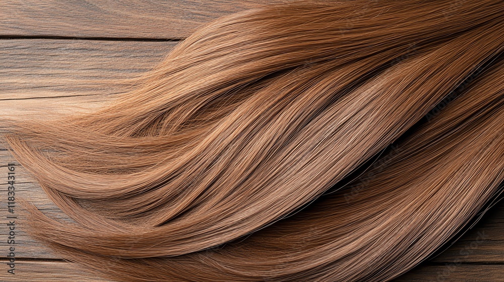 Fototapeta premium Natural brown hair extensions, arranged in neat layers, displayed on a rustic wooden base