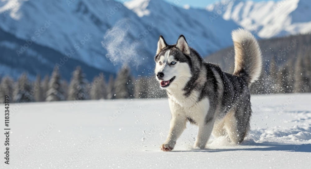 Naklejka premium Siberian Husky Running Through Snowy Tundra, Winter, Snow With Mountains in the Background 