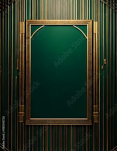 A gold framed rectangle sits on a green background with gold vertical lines.