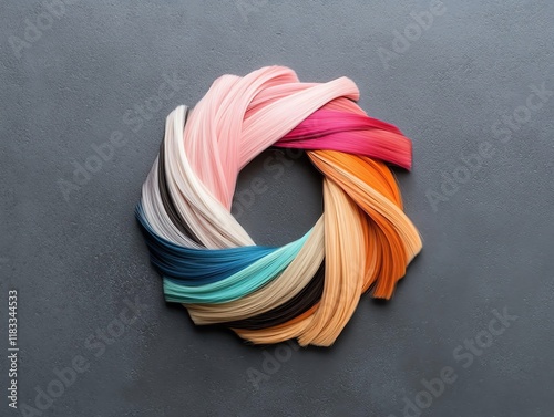 Rainbow clipin extensions, artistically arranged in an arc pattern on a smooth black counter photo