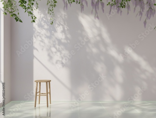 Morning fog with a tree near an old house, sunlight streaming through the window onto the wooden furniture inside photo