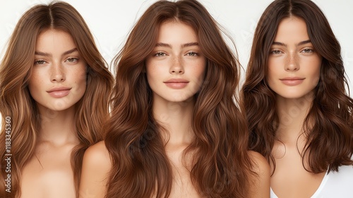 Realistic curly clipins in deep chestnut tones, softly glowing under warm studio lights photo