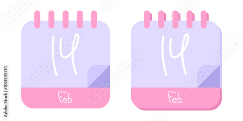 Calendar icon with date February 14. Pink cute calendar in flat style. Vector illustration isolated on white background.