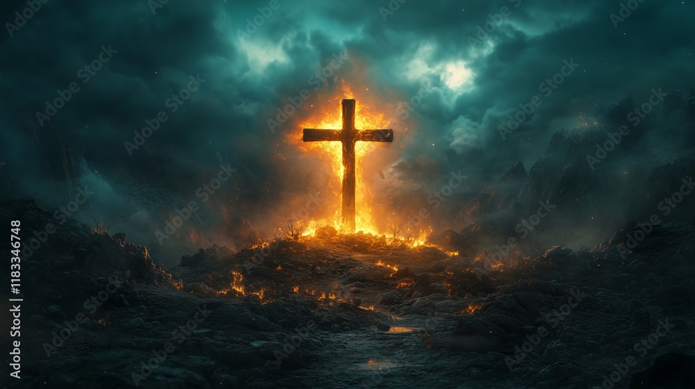 Naklejka premium The Cross of Christ Illuminated on Golgotha Hill Amid Light and Clouds