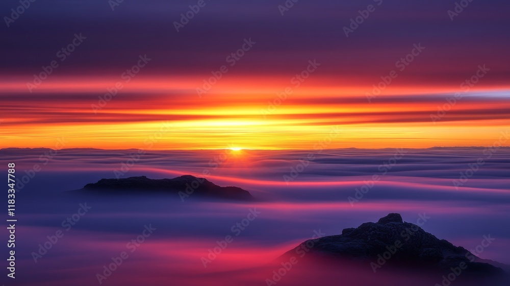 Fototapeta premium A serene sunset over a misty landscape, featuring vibrant colors and distant rocky silhouettes.