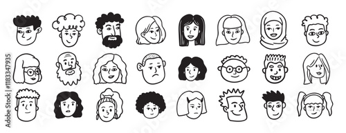 Faces people different avatars doodle hand drawn icon set. Outline drawing head people line clipart symbol collection
