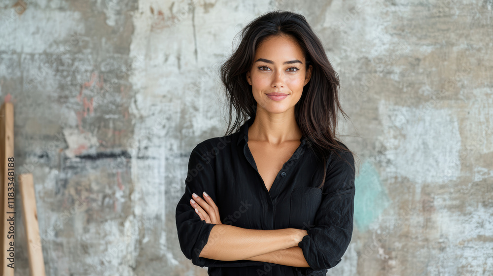 Fototapeta premium Confident Asian woman smiling with arms crossed in modern setting