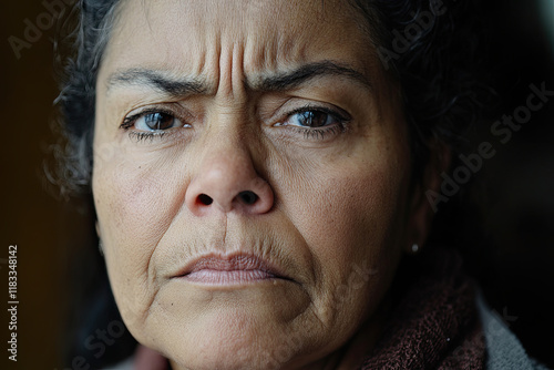 Close-up of a woman frowning with furrowed brows, showing concern photo