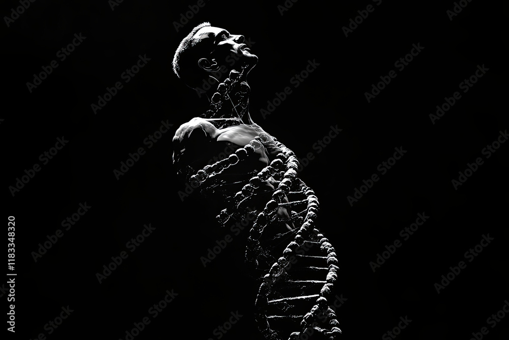 Fototapeta premium A DNA double helix that morphs into the shape of a human figure, symbolizing genetic health and individuality
