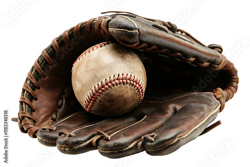 vintage baseball glove holding an old baseball isolated on white background PNG.AI GENERATED