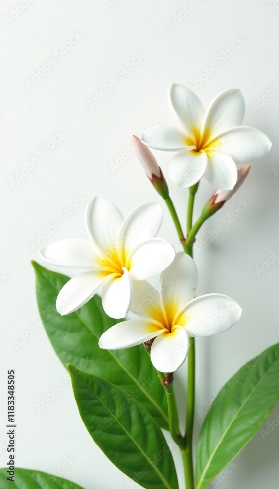 Fototapeta premium Delicate white plumeria flowers against crisp white background, greenery, simplicity
