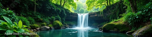 Dense foliage surrounds the base of a waterfall, forest, natural