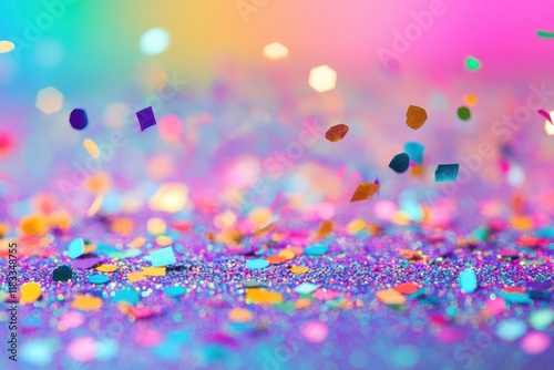 Colorful confetti falling on glitter, vibrant background
