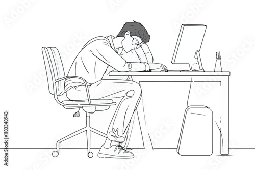 Vector Art of Modern Workspaces Man business working at his desk with a laptop and surrounded by office decor vector design  Art & Illustration