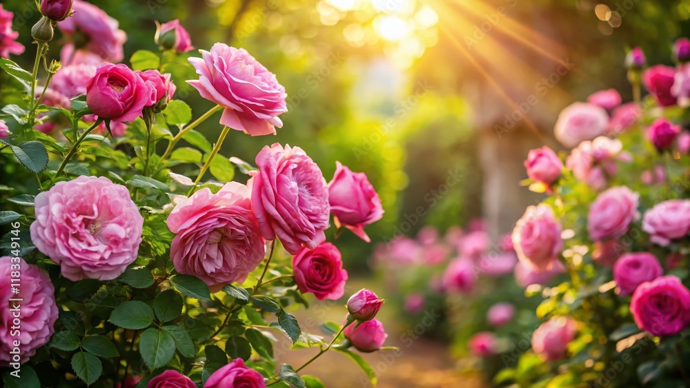 Panoramic View of Blooming Pink Bourbon Roses in a Garden