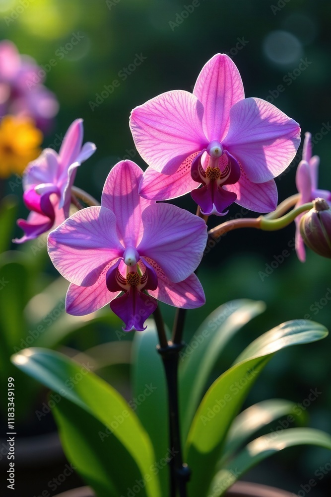 Exotic purple orchid blooms in a shaded garden with other flowers, floral, garden, Exotic purple orchid blooms in a shaded garden with other flowers, floral, garden,
