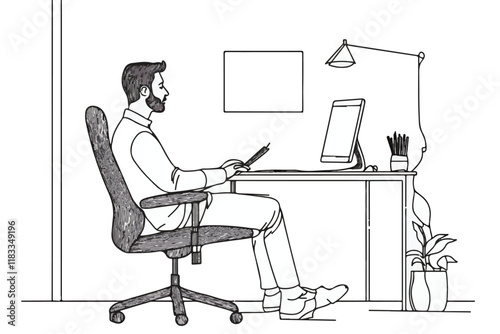 Vector Art of Modern Workspaces Man business working at his desk with a laptop and surrounded by office decor vector design  Art & Illustration