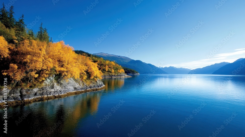 Naklejka premium In crisp golden-hued autumn, Alaska showcases a majestic landscape bursting with vibrant fall colors.