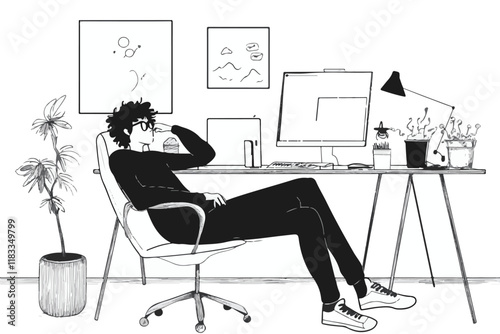 Vector Art of Modern Workspaces Man business working at his desk with a laptop and surrounded by office decor vector design  Art & Illustration