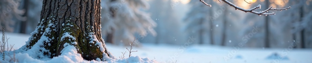 Frost-covered tree trunk with a branch stretching upwards in winter landscape, winter, weathered Frost-covered tree trunk with a branch stretching upwards in winter landscape, winter, weathered