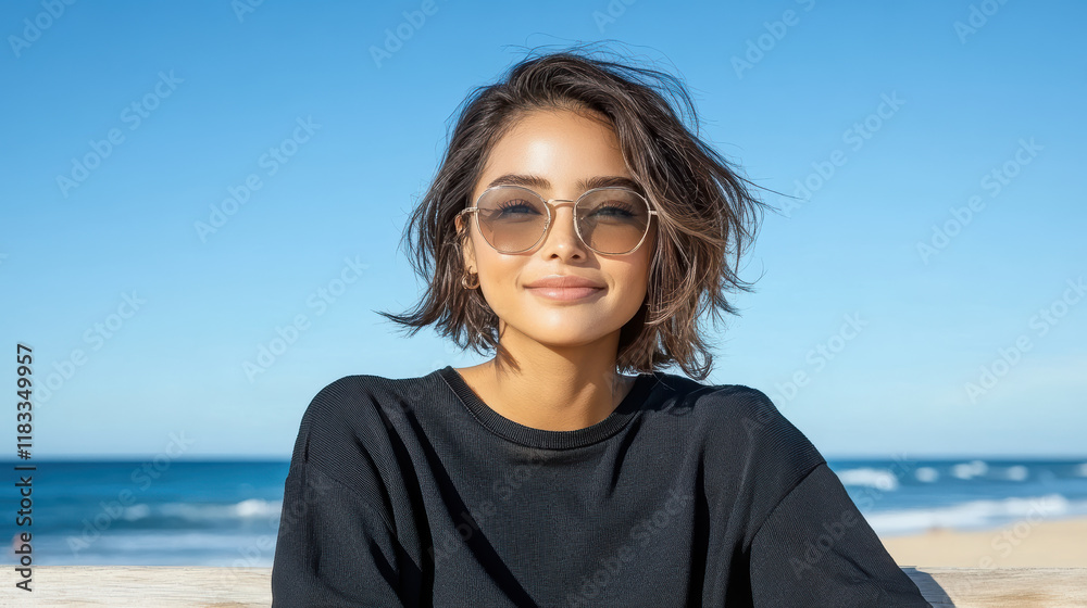 Relaxed Asian woman wearing sunglasses at beach, enjoying sun Relaxed Asian woman wearing sunglasses at beach, enjoying sun