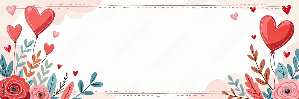 Obraz premium Romantic Valentine's frame with heart balloons and floral elements for loving occasions