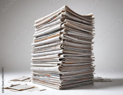 A paper recycling process with stacked newspapers, on a clean white backdrop.