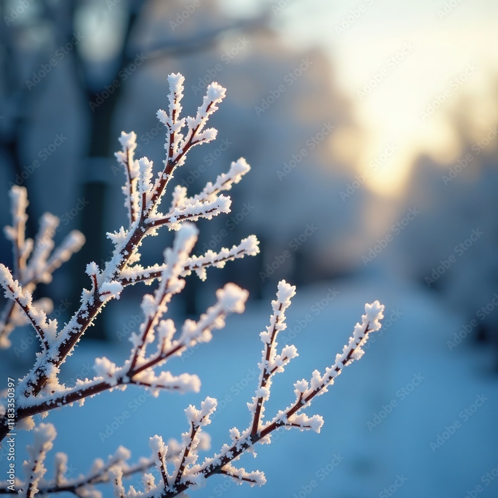 Frosty morning with delicate snowflakes on bare branches, morning, frost Frosty morning with delicate snowflakes on bare branches, morning, frost