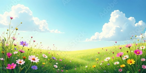 Vibrant Wildflower Meadow Under a Sunny Sky with Fluffy Clouds