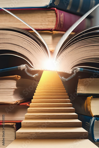 A book transforming into a stairway, leading upward into a bright light, symbolizing advancement through learning photo